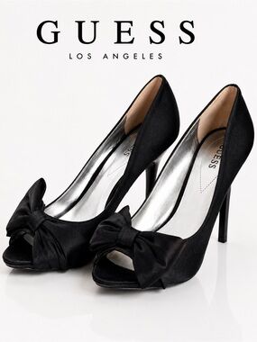 NWOT GUESS Black Satin Bow Peep-Toe Stiletto Heels Pumps Size 9.5 Evening Party